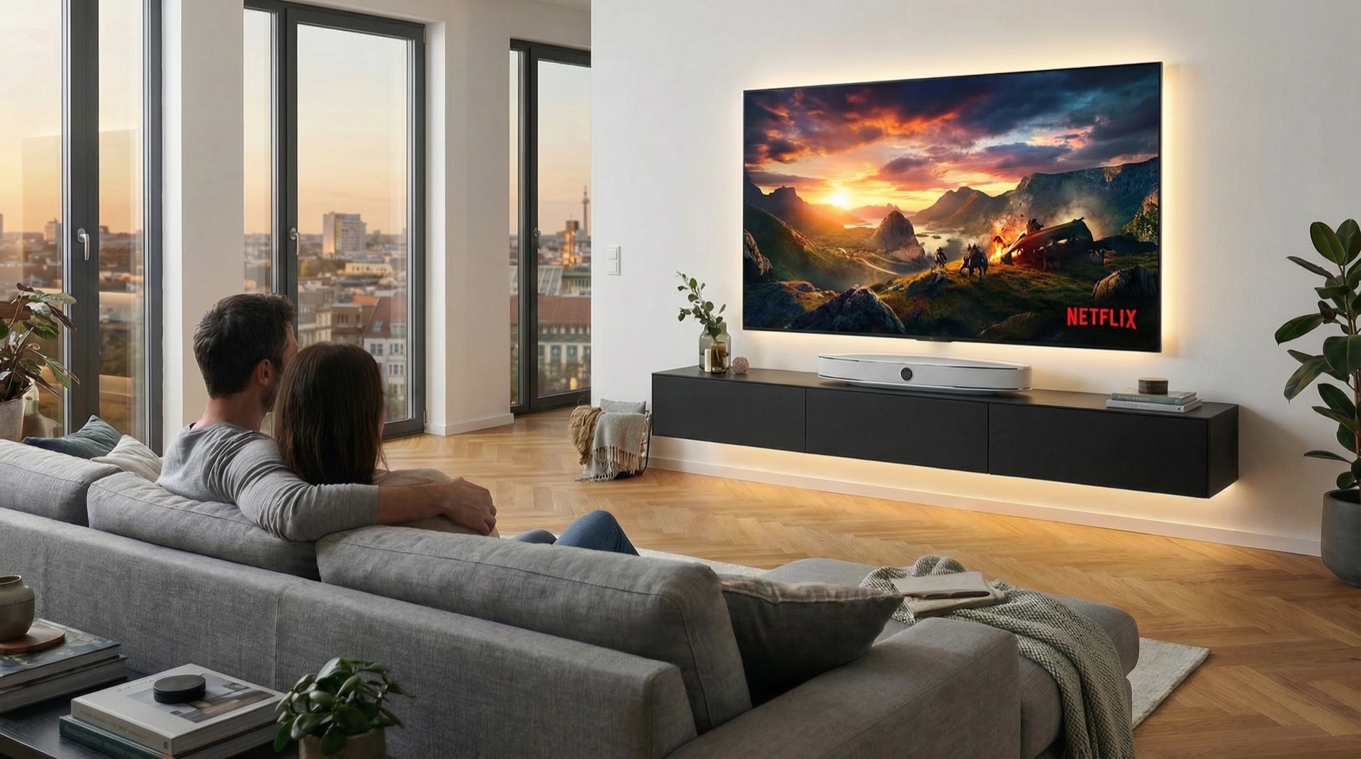 Hochwertiges Wohnzimmer mit 98-Zoll-TV und integrierter Technik